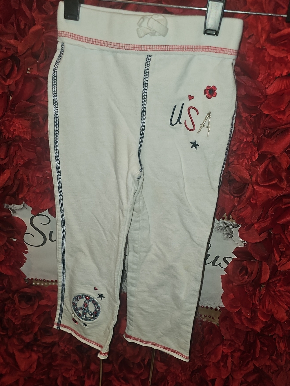 Koala Kids Girls White USA Embroidered Cotton Sweatpants Size 36 Months